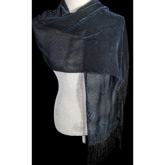 Joann Chaimson Blue Burnt Velvet Fringe Scarf Wrap 60x14 Inches With 5.5-Inch Fringe
