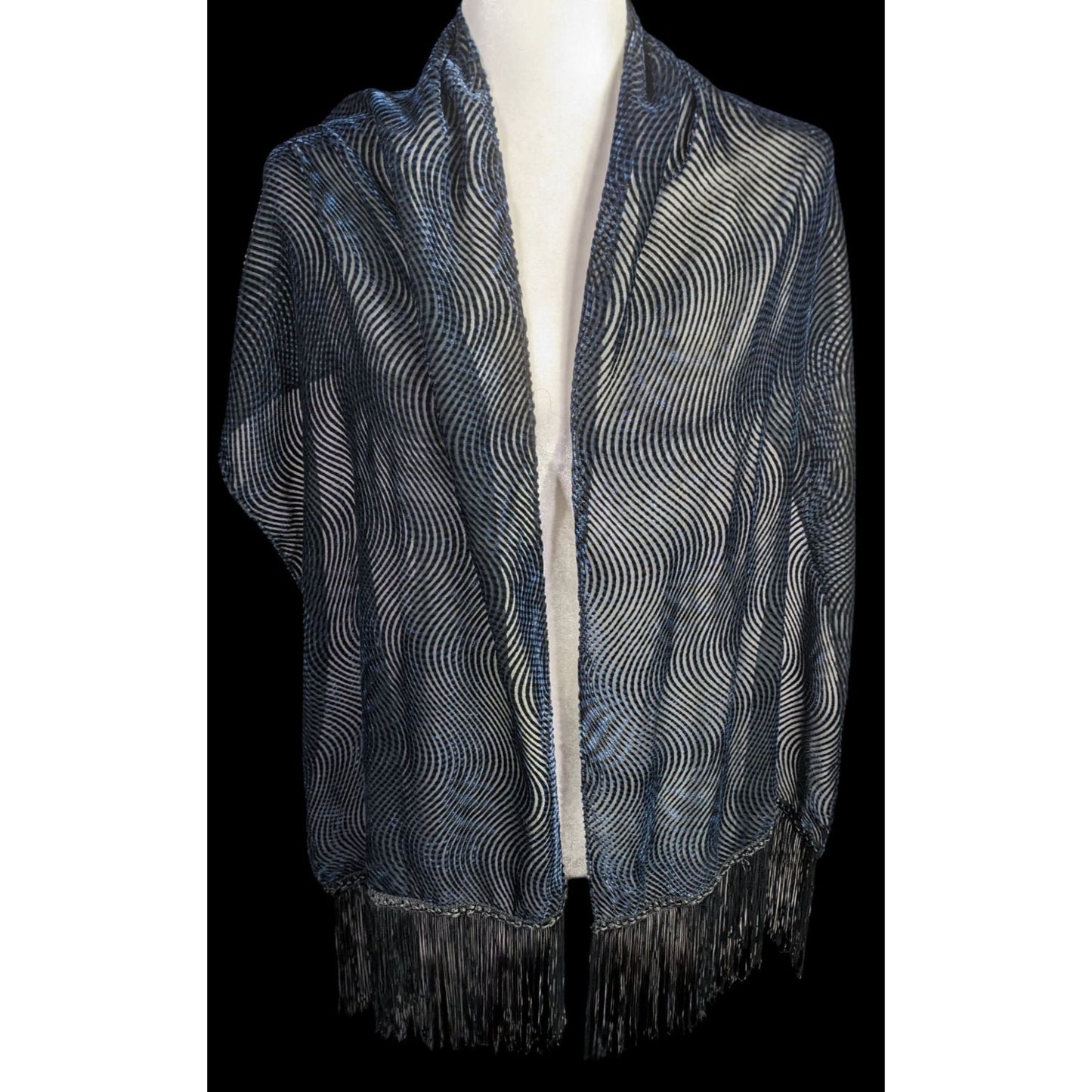 Joann Chaimson Blue Burnt Velvet Fringe Scarf Wrap 60x14 Inches With 5.5-Inch Fringe