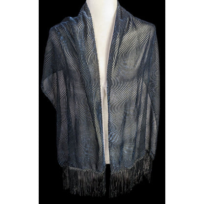 Joann Chaimson Blue Burnt Velvet Fringe Scarf Wrap 60x14 Inches With 5.5-Inch Fringe