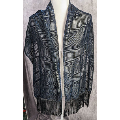 Joann Chaimson Blue Burnt Velvet Fringe Scarf Wrap 60x14 Inches With 5.5-Inch Fringe