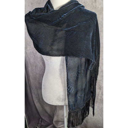 Joann Chaimson Blue Burnt Velvet Fringe Scarf Wrap 60x14 Inches With 5.5-Inch Fringe
