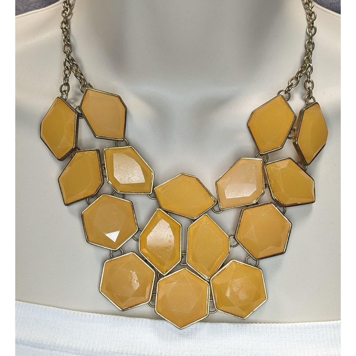 Mod Retro Geometric Mustard Yellow Faceted Gem Statement Bib Necklace