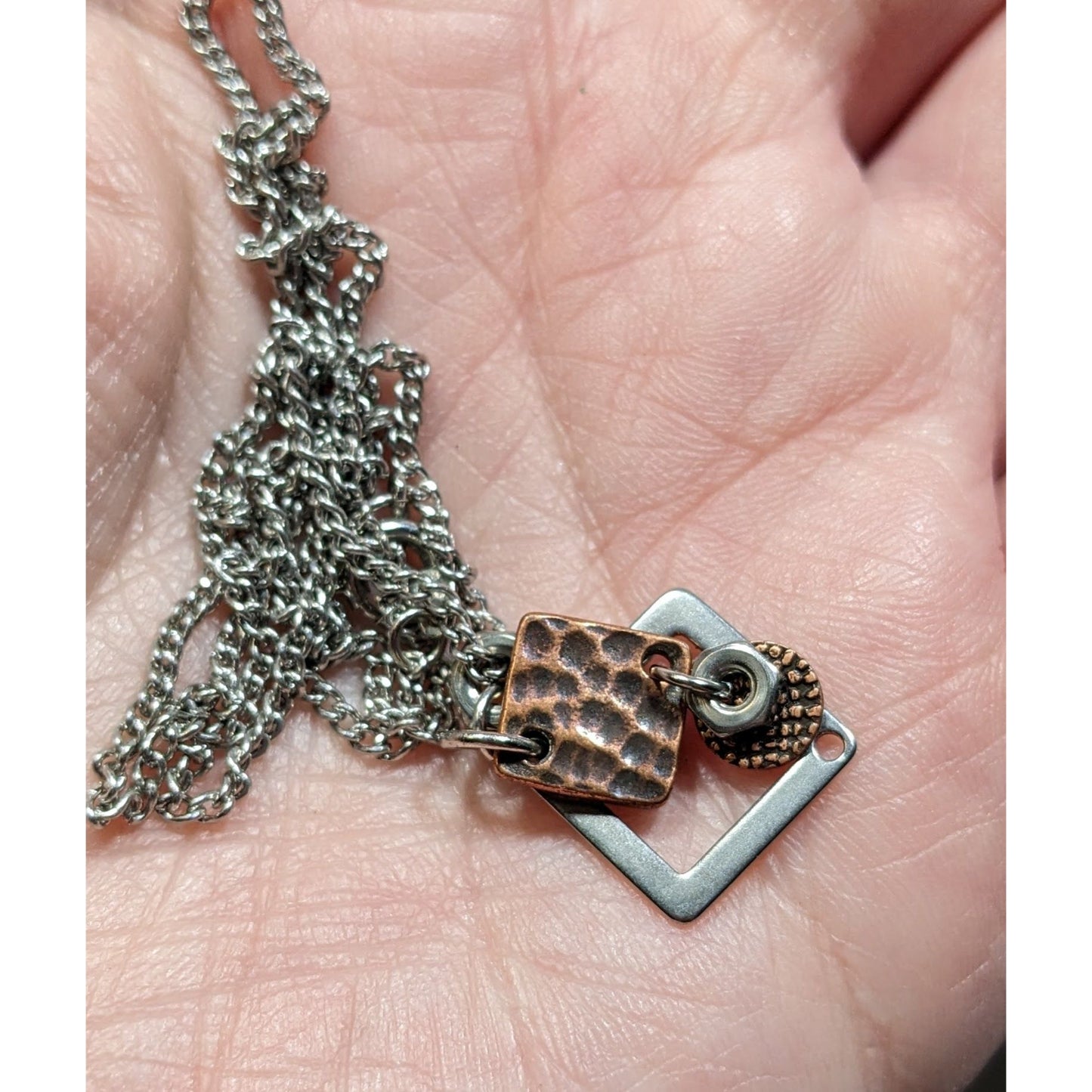 Dainty Copper & Silver Tone Geometric Pendant Necklace