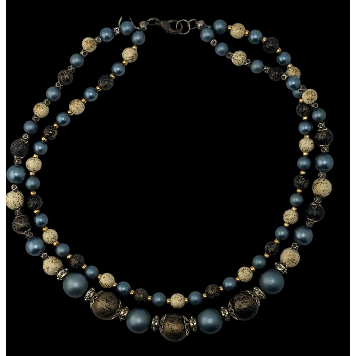 Vintage Handmade Blue Cream And Gold Double-Strand Beaded Necklace