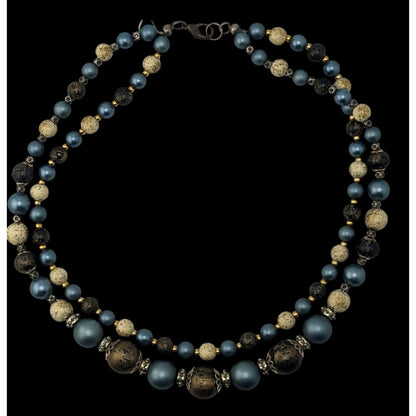 Vintage Handmade Blue Cream And Gold Double-Strand Beaded Necklace