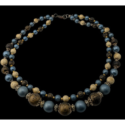 Vintage Handmade Blue Cream And Gold Double-Strand Beaded Necklace