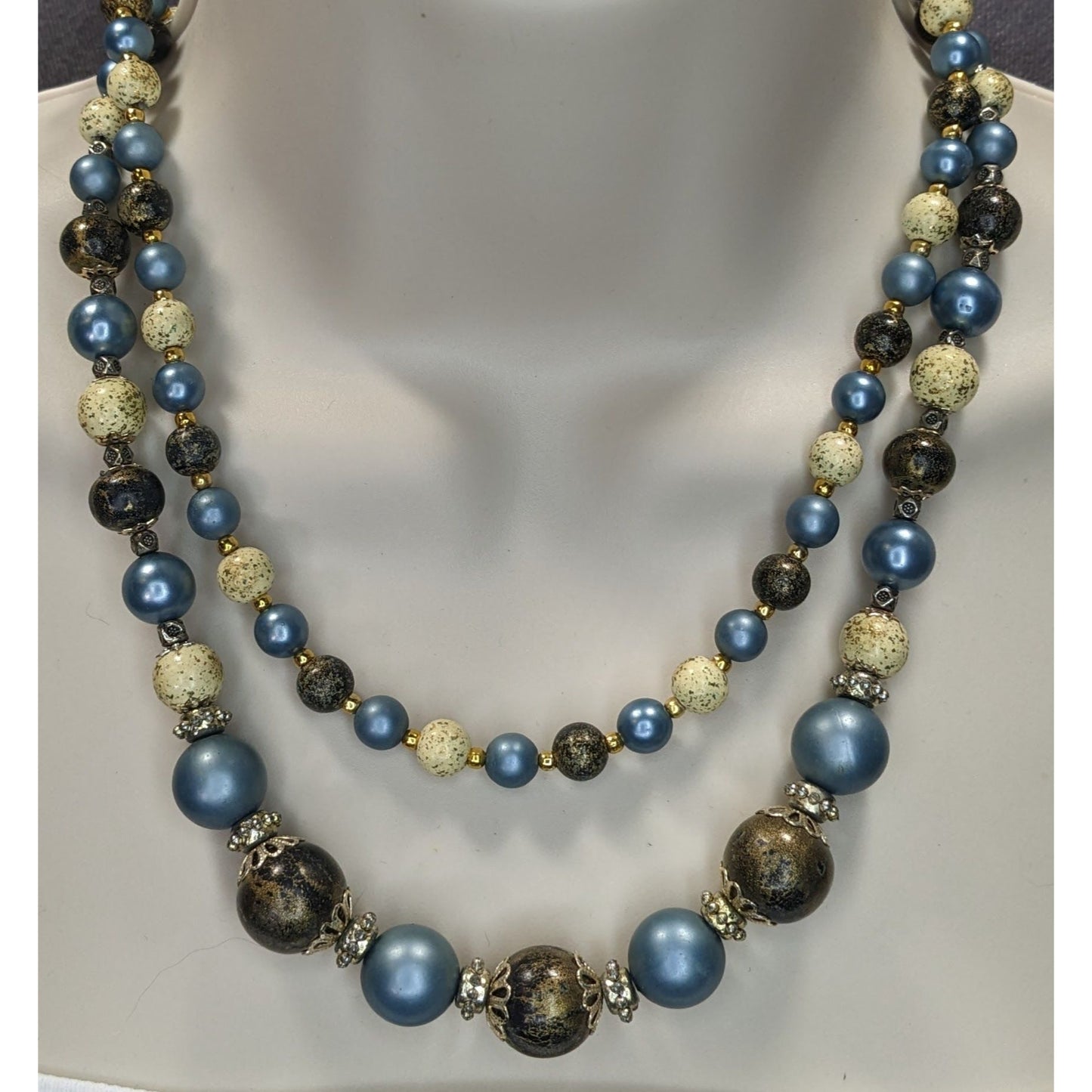 Vintage Handmade Blue Cream And Gold Double-Strand Beaded Necklace