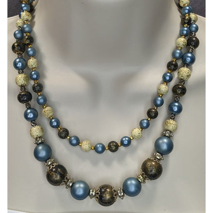 Vintage Handmade Blue Cream And Gold Double-Strand Beaded Necklace