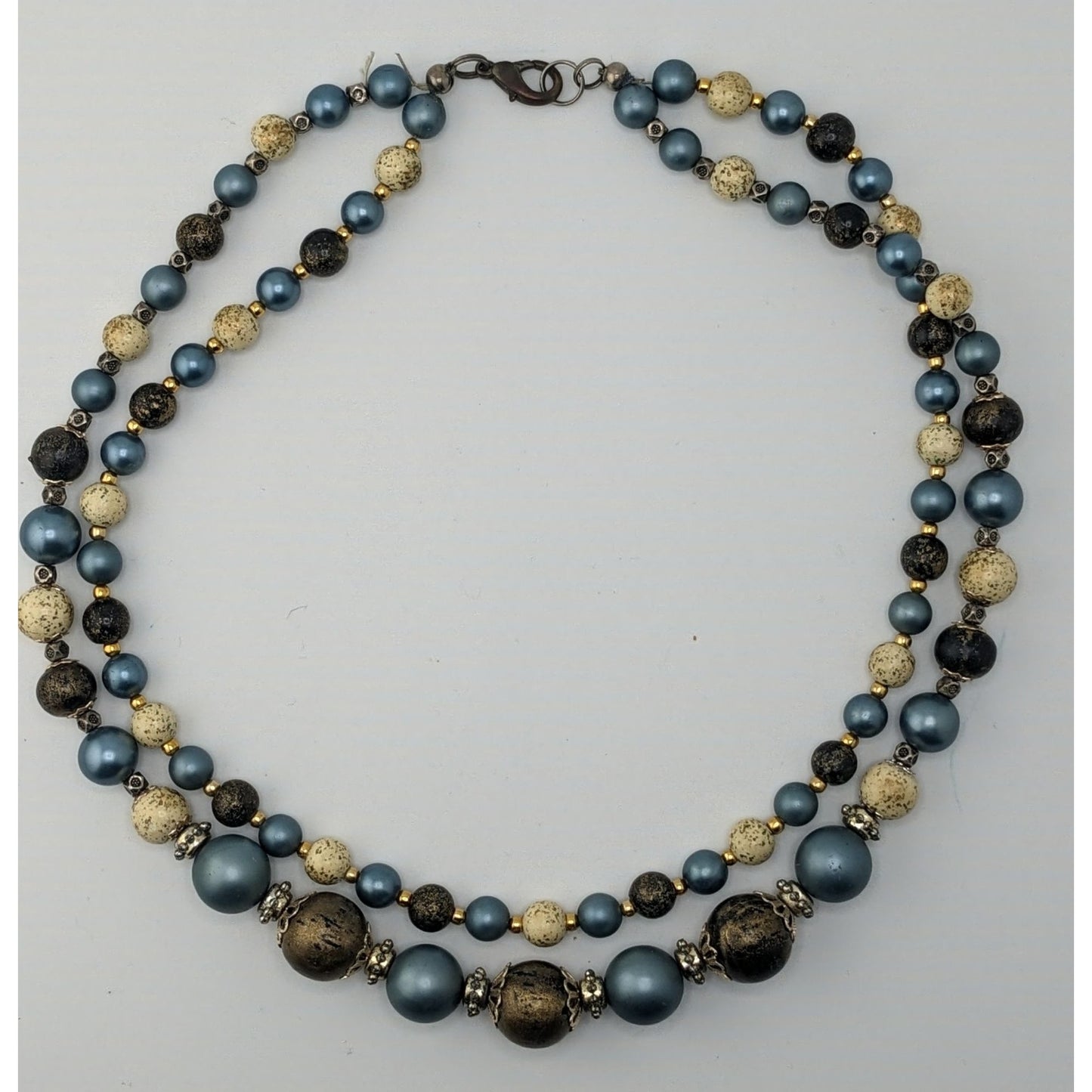 Vintage Handmade Blue Cream And Gold Double-Strand Beaded Necklace