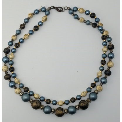 Vintage Handmade Blue Cream And Gold Double-Strand Beaded Necklace