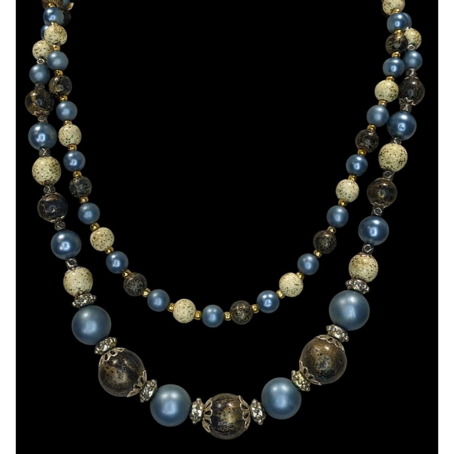 Vintage Handmade Blue Cream And Gold Double-Strand Beaded Necklace