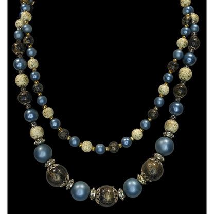Vintage Handmade Blue Cream And Gold Double-Strand Beaded Necklace