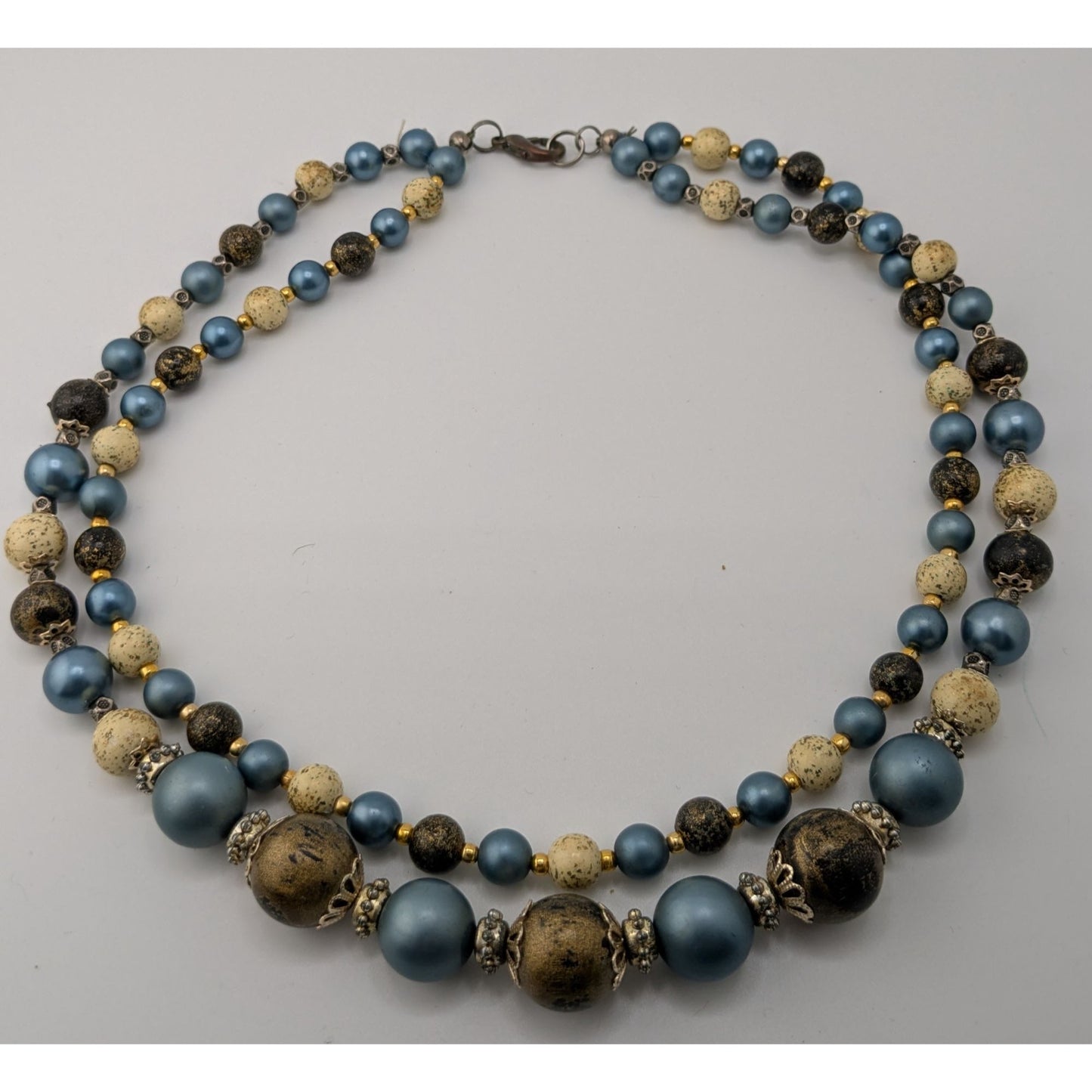 Vintage Handmade Blue Cream And Gold Double-Strand Beaded Necklace