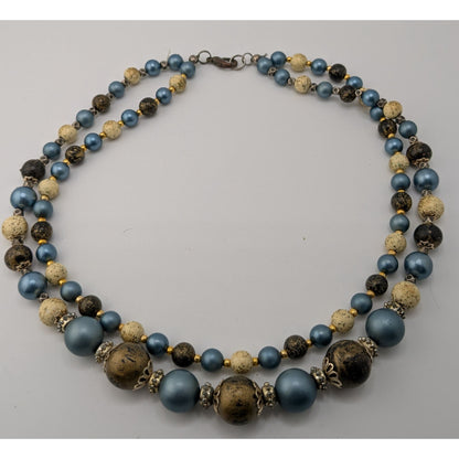 Vintage Handmade Blue Cream And Gold Double-Strand Beaded Necklace