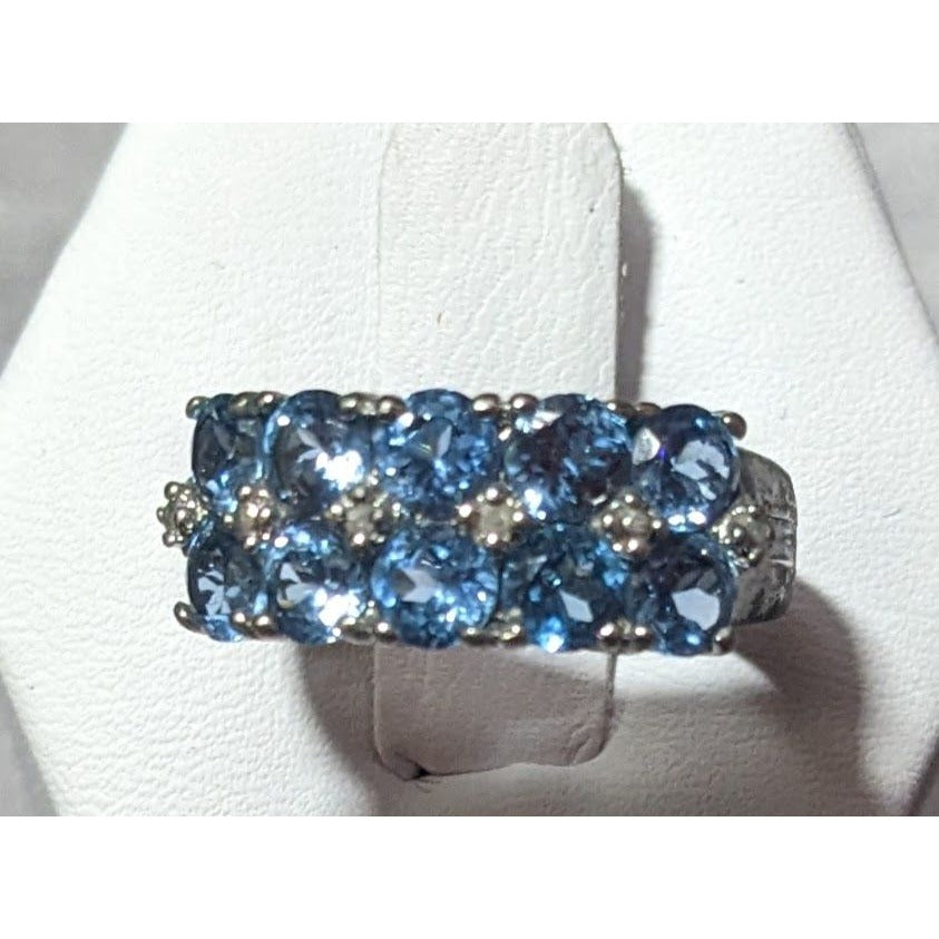 Blue And Clear Gemmed Double Row Silver Tone Ring Size 5 3/4