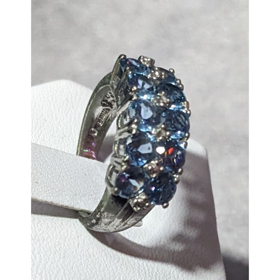 Blue And Clear Gemmed Double Row Silver Tone Ring Size 5 3/4