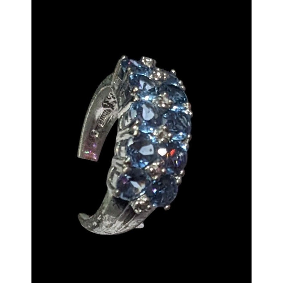 Blue And Clear Gemmed Double Row Silver Tone Ring Size 5 3/4