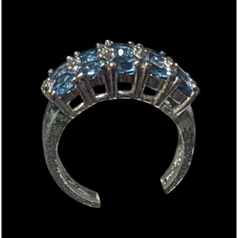 Blue And Clear Gemmed Double Row Silver Tone Ring Size 5 3/4