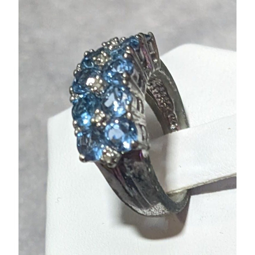 Blue And Clear Gemmed Double Row Silver Tone Ring Size 5 3/4