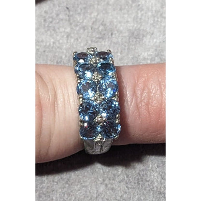 Blue And Clear Gemmed Double Row Silver Tone Ring Size 5 3/4