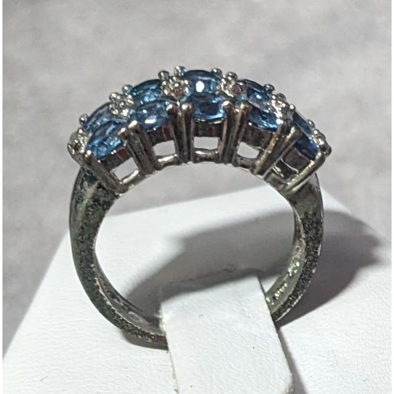 Blue And Clear Gemmed Double Row Silver Tone Ring Size 5 3/4