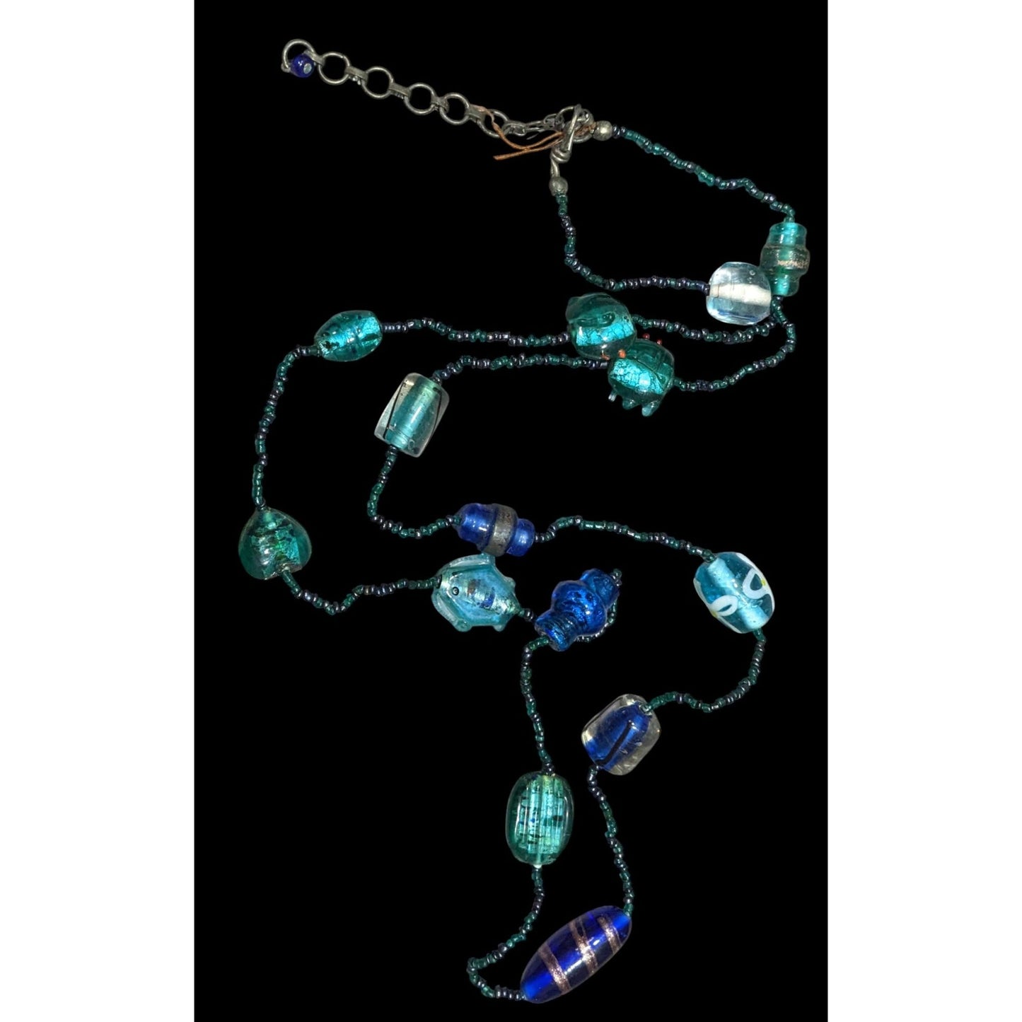 Handcrafted Mermaidcore Fish Glass Bead Necklace In Blue & Green Tones With Adjustable Chain