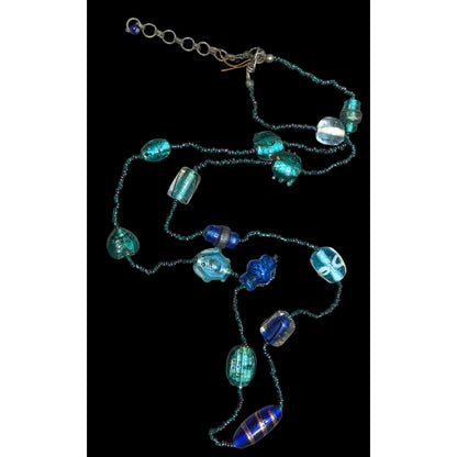 Handcrafted Mermaidcore Fish Glass Bead Necklace In Blue & Green Tones With Adjustable Chain