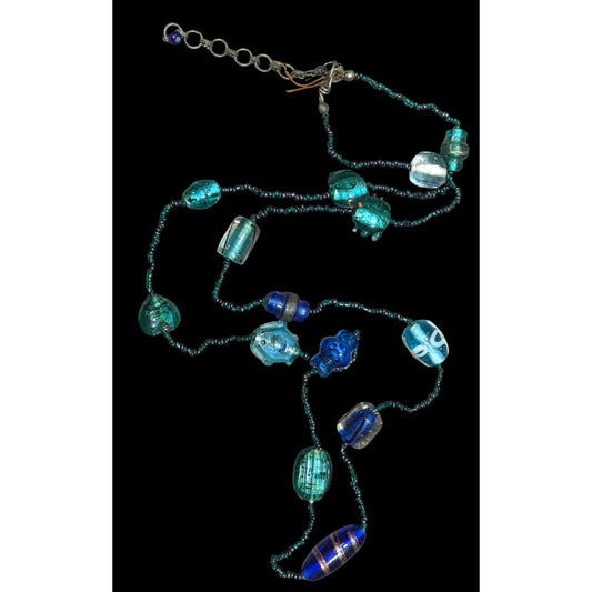 Handcrafted Mermaidcore Fish Glass Bead Necklace In Blue & Green Tones With Adjustable Chain