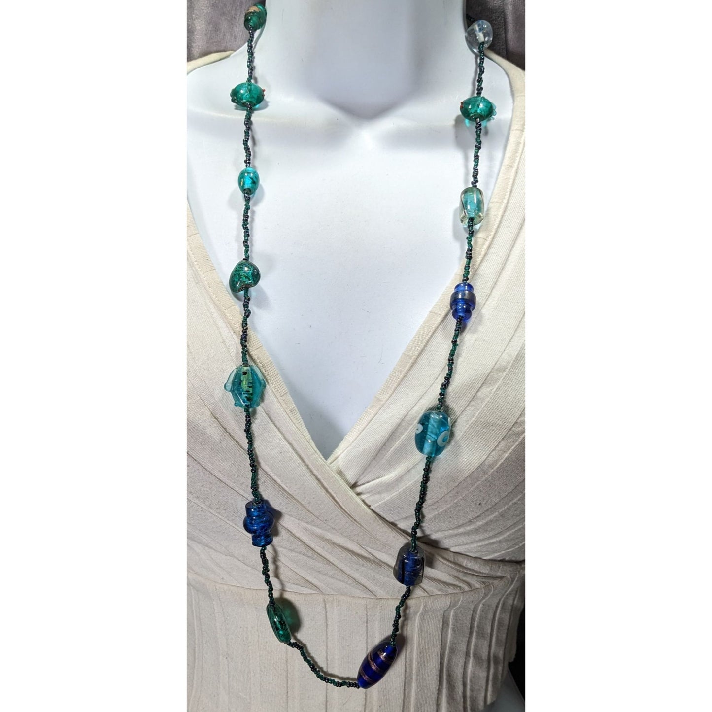 Handcrafted Mermaidcore Fish Glass Bead Necklace In Blue & Green Tones With Adjustable Chain