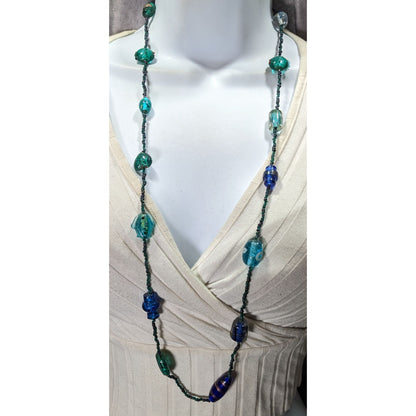 Handcrafted Mermaidcore Fish Glass Bead Necklace In Blue & Green Tones With Adjustable Chain