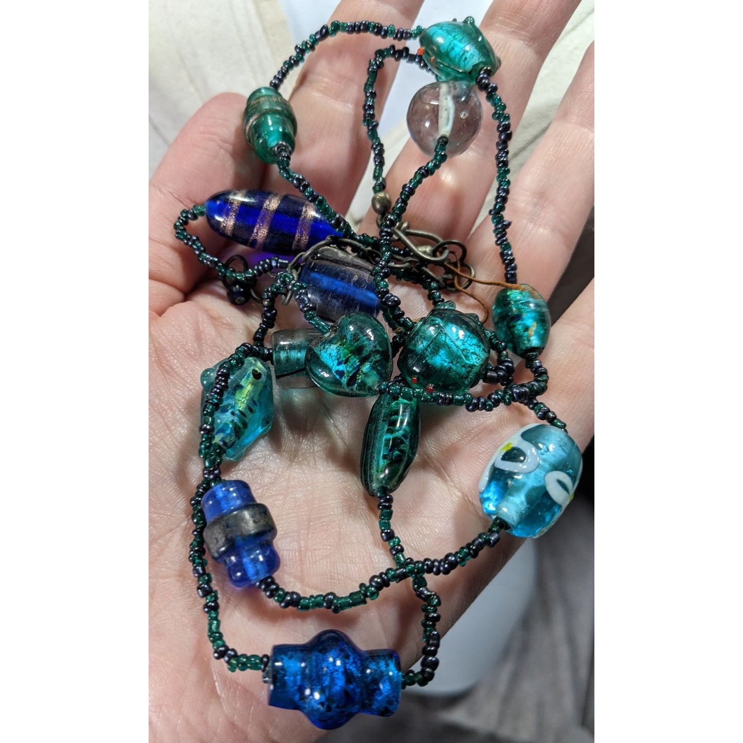 Handcrafted Mermaidcore Fish Glass Bead Necklace In Blue & Green Tones With Adjustable Chain