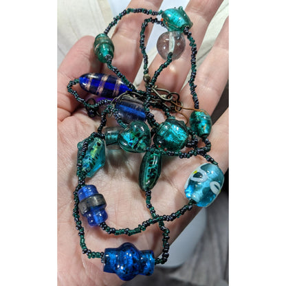 Handcrafted Mermaidcore Fish Glass Bead Necklace In Blue & Green Tones With Adjustable Chain