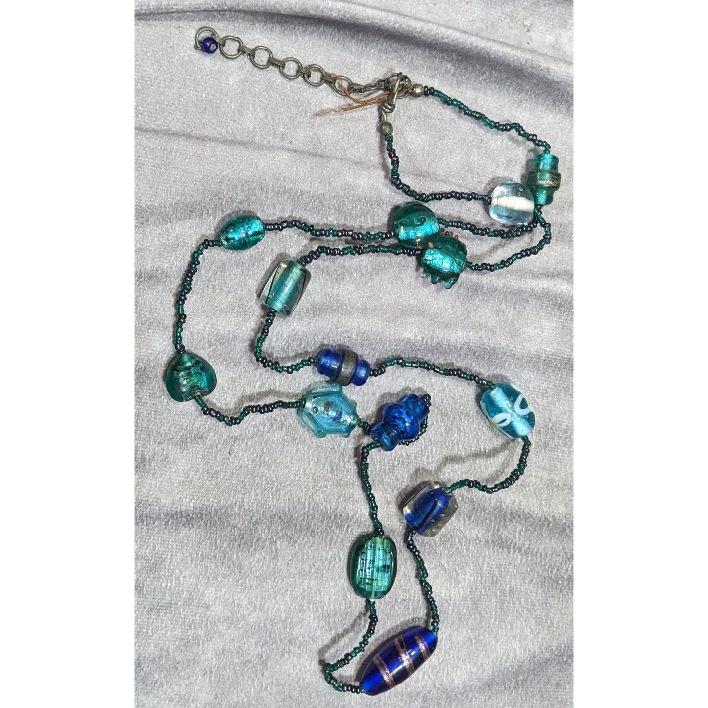 Handcrafted Mermaidcore Fish Glass Bead Necklace In Blue & Green Tones With Adjustable Chain