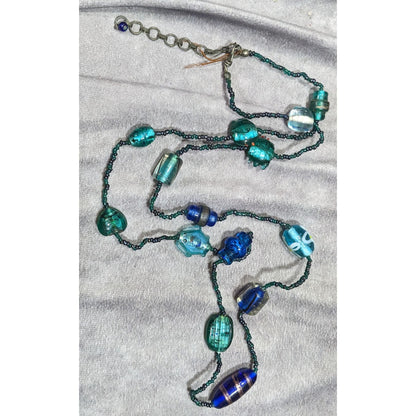 Handcrafted Mermaidcore Fish Glass Bead Necklace In Blue & Green Tones With Adjustable Chain