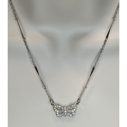 Vintage Fairycore Whimsical Butterfly Rhinestone Silver Tone Necklace