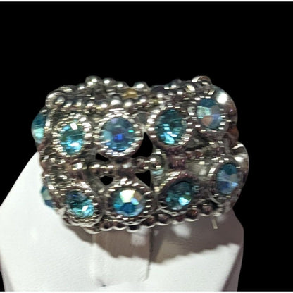 Chunky Glam Blue Rhinestone Silver Tone Stretch Ring Size 7