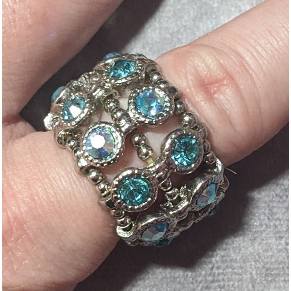 Chunky Glam Blue Rhinestone Silver Tone Stretch Ring Size 7