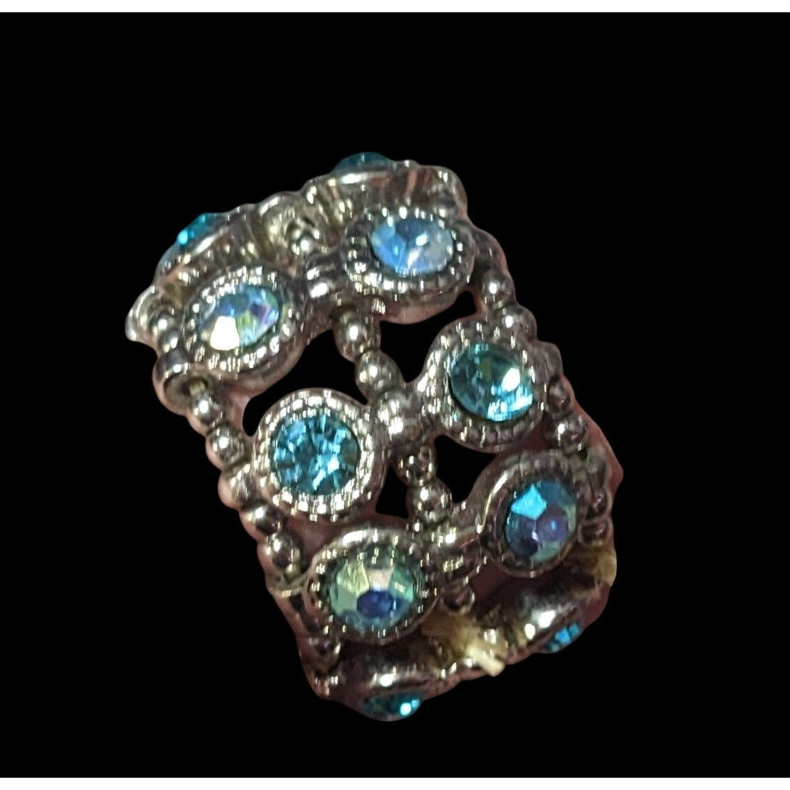 Chunky Glam Blue Rhinestone Silver Tone Stretch Ring Size 7