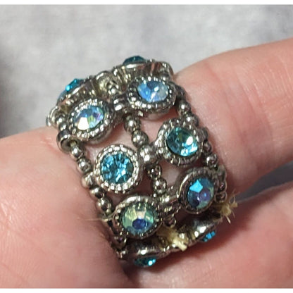 Chunky Glam Blue Rhinestone Silver Tone Stretch Ring Size 7