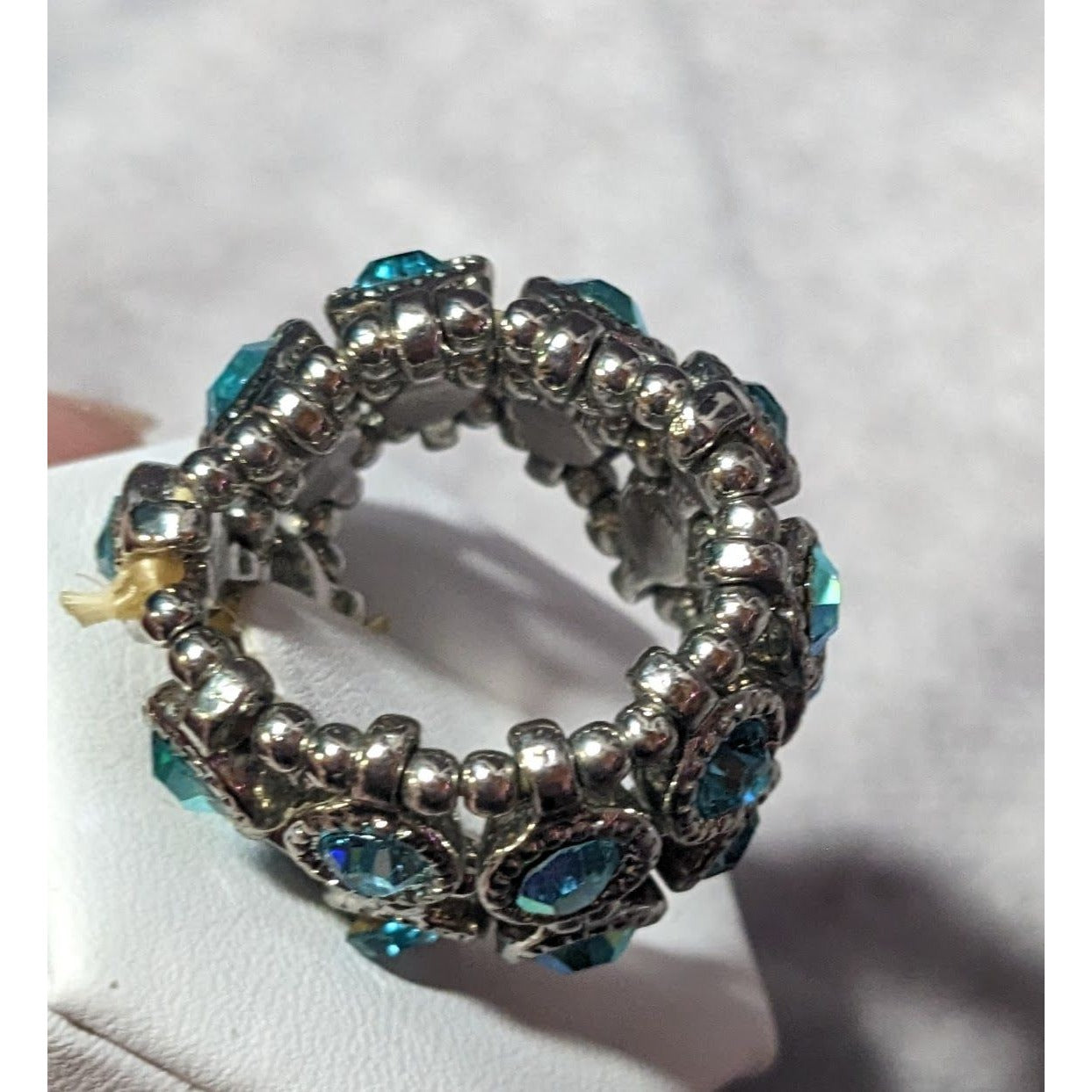 Chunky Glam Blue Rhinestone Silver Tone Stretch Ring Size 7