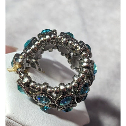 Chunky Glam Blue Rhinestone Silver Tone Stretch Ring Size 7