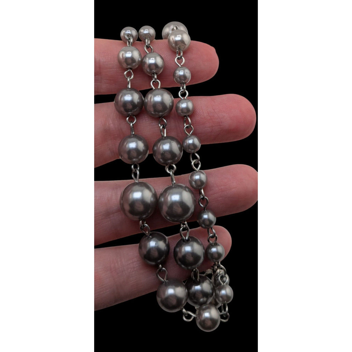 Gothic Glam Silver Gray Faux Pearl Triple Strand Statement Bracelet 7 Inch