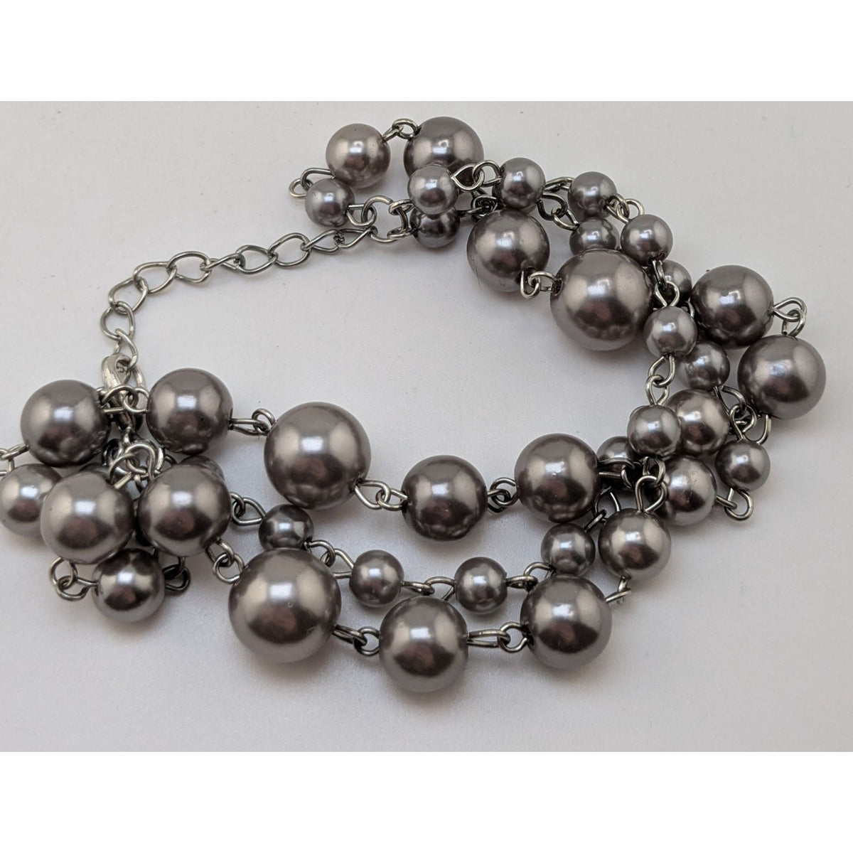 Gothic Glam Silver Gray Faux Pearl Triple Strand Statement Bracelet 7 Inch