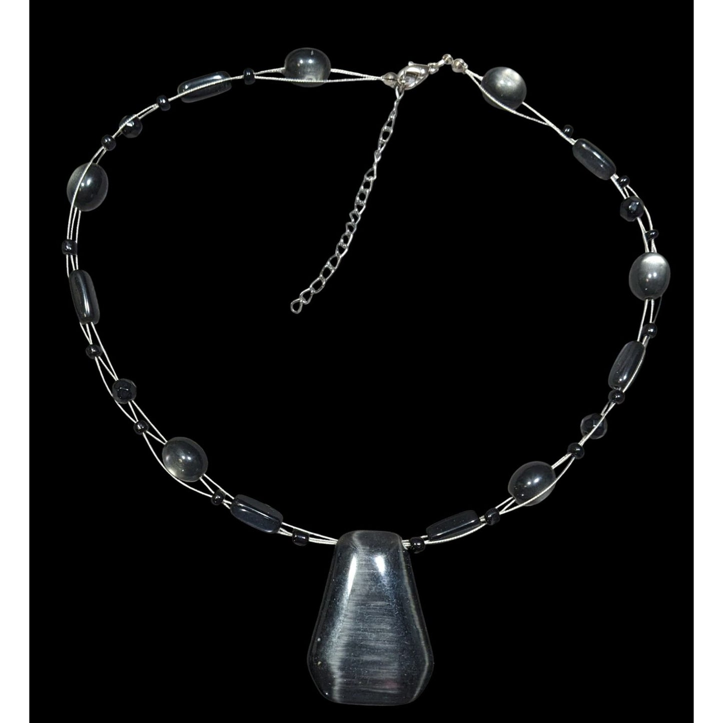 Gothic Black Cateye Glass Beaded Necklace With Geometric Pendant & Adjustable Chain