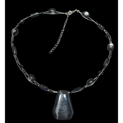 Gothic Black Cateye Glass Beaded Necklace With Geometric Pendant & Adjustable Chain