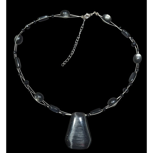 Gothic Black Cateye Glass Beaded Necklace With Geometric Pendant & Adjustable Chain