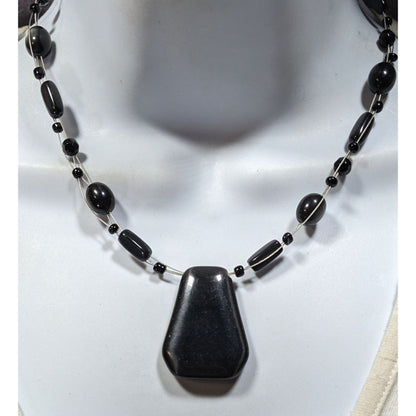 Gothic Black Cateye Glass Beaded Necklace With Geometric Pendant & Adjustable Chain