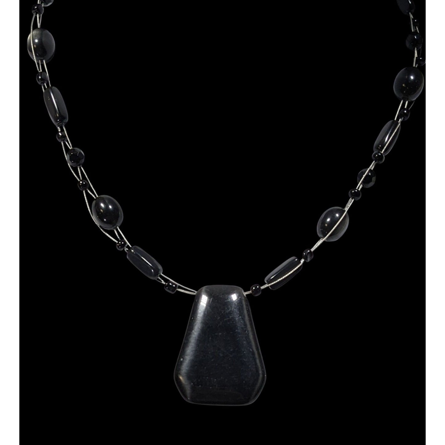 Gothic Black Cateye Glass Beaded Necklace With Geometric Pendant & Adjustable Chain