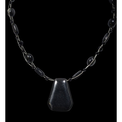Gothic Black Cateye Glass Beaded Necklace With Geometric Pendant & Adjustable Chain