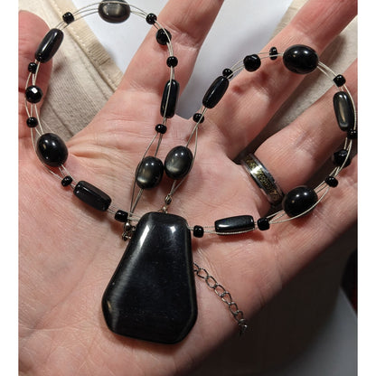 Gothic Black Cateye Glass Beaded Necklace With Geometric Pendant & Adjustable Chain